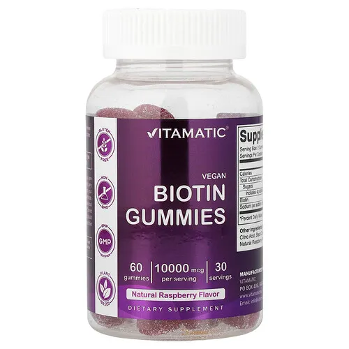 Vitamatic, Gomitas veganas de biotina, Frambuesa natural, 60 gomitas