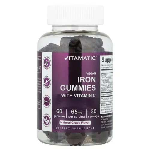Vitamatic, Gomitas veganas de hierro con vitamina C, Uva natural, 60 gomitas