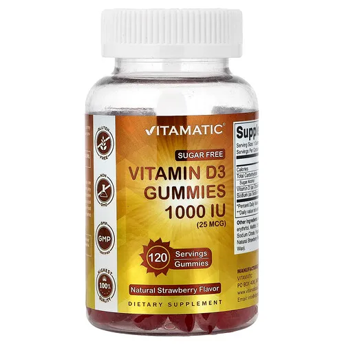 Vitamatic, Gomitas con vitamina D3, Fresa natural, 25 mcg (1000 UI), 120 gomitas