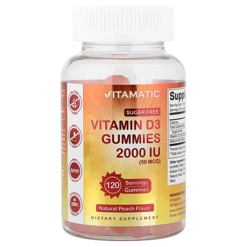 Vitamatic, Gomitas con vitamina D3, Sin azúcar, Sabor natural a melocotón, 50 mcg (2000 UI), 120 gomitas