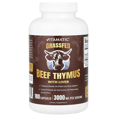 Vitamatic, Timo con hígado de res alimentada con pasturas, 180 cápsulas