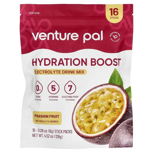 Venture Pal, Hydration Boost, Mezcla para preparar bebidas con electrolitos, Maracuyá, 16 sobrecitos, 8 g (0,28 oz) cada uno