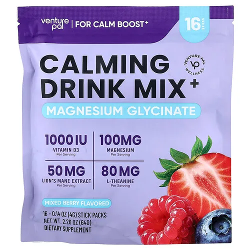 Venture Pal, Mezcla para preparar bebidas calmantes y más, Glicinato de magnesio, Bayas mixtas, 16 sobrecitos, 4 g (0,14 oz) cada uno