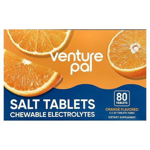 Venture Pal, Electrolitos masticables en comprimidos de sal, Naranja, 4 tubos, 20 comprimidos cada uno