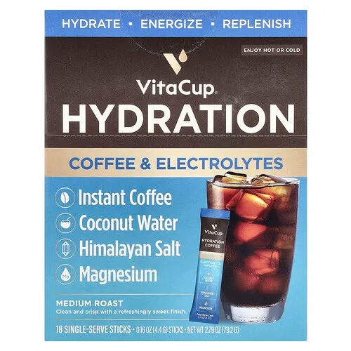 VitaCup, Café instantáneo hidratante con electrolitos, Tostado medio, 18 barritas individuales, 4,4 g (0,16 oz) cada una