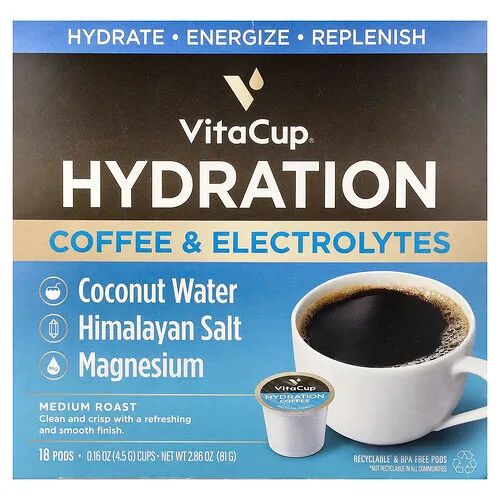 VitaCup, Café hidratante con electrolitos, Tostado medio, 18 cápsulas, 4,5 g (0,16 oz) cada una