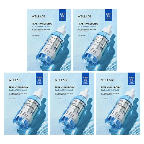 Wellage, Mascarilla de belleza con ampollas de azul hialurónico real, 5 láminas, 27 ml (0,91 oz. líq.) cada una