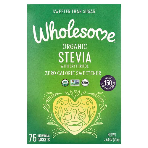Wholesome Sweeteners, Stevia orgánica, cero calorías edulcorante, 75 paquetes individuales, 1 g cada uno