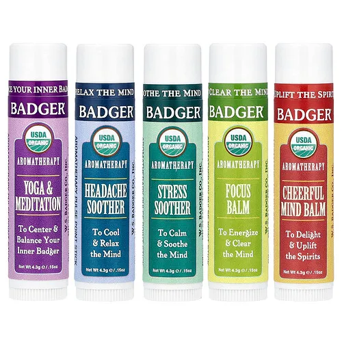Badger, Kit de viaje de aromaterapia orgánica, paquete de 5, 4,3 g (0,15 oz) cada uno