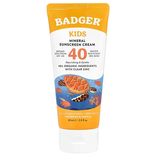 Badger, Deporte transparente, Niños, Protector solar mineral natural en crema, FPS 40 PA+++, Mandarina y vainilla, 87 ml (2,9 oz. líq.)