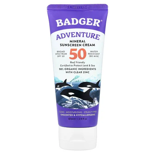 Badger, Adventure, Protector solar mineral en crema, FPS 50, Sin fragancia, 87 ml (2,9 oz. líq.)