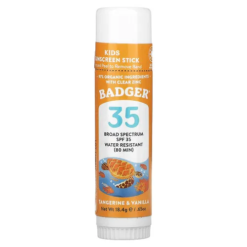 Badger, Niños, Protector solar mineral natural en barra para el rostro, FPS 35 PA+++, Mandarina y vainilla, 18,4 g (0,65 oz)