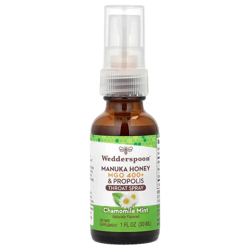 Wedderspoon, Miel de manuka y propóleo, Spray para la garganta, Manzanilla y menta, MGO +400, 30 ml (1 oz. líq.)