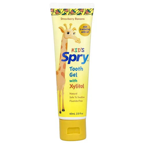 Xlear, Kid's Spry®, Gel dental con xilitol, 3 meses en adelante, Fresa y plátano, 60 ml (2 oz. líq.)