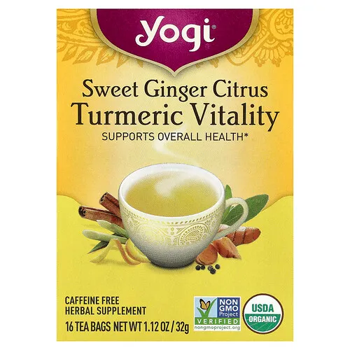Yogi Tea, Cúrcuma, Jengibre dulce y cítricos, Sin cafeína, 16 bolsitas de té, 32 g (1,12 oz)