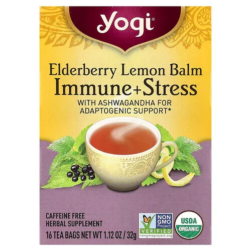 Yogi Tea, Bálsamo de limón y saúco, Sistema inmunitario y contra el estrés, Sin cafeína, 16 bolsitas de té, 32 g (1,12 oz)