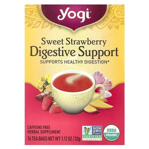 Yogi Tea, Refuerzo digestivo, Fresa dulce, Sin cafeína, 16 bolsitas de té, 32 g (1,12 oz)