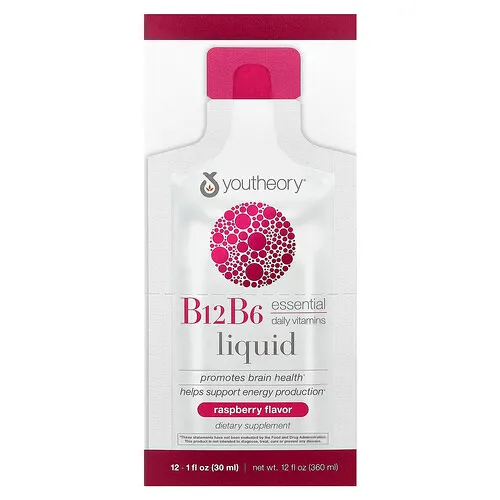 Youtheory, Vitamina B12 y vitamina B6 en forma líquida, Para llevar a todos lados, Frambuesa, 12 sobres, 30 ml (1 oz. líq.) cada uno