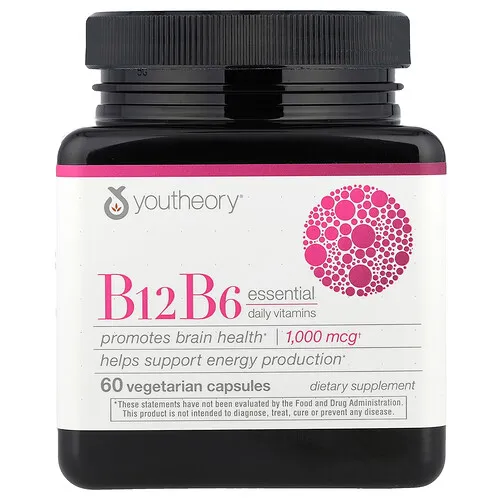 Youtheory, B12 B6, Vitaminas esenciales de uso diario, 1000 mcg, 60 cápsulas vegetales