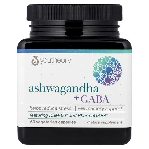 Youtheory, Ashwagandha y GABA, 60 cápsulas vegetales