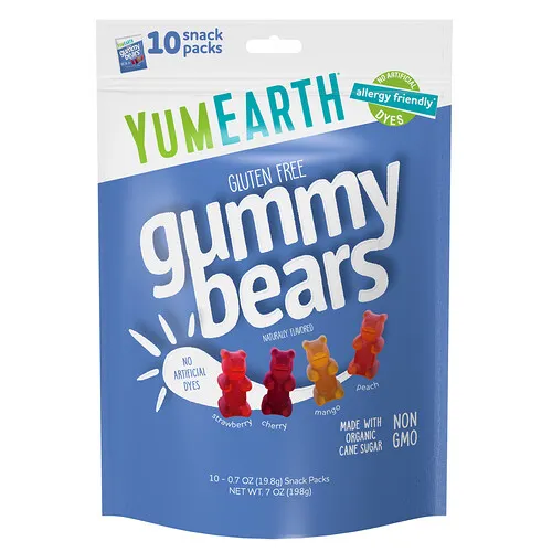 YumEarth, Gomitas en forma de ositos sin gluten, Fresa, cereza, mango y melocotón, 10 paquetes, 19,8 g (0,7 oz) cada uno
