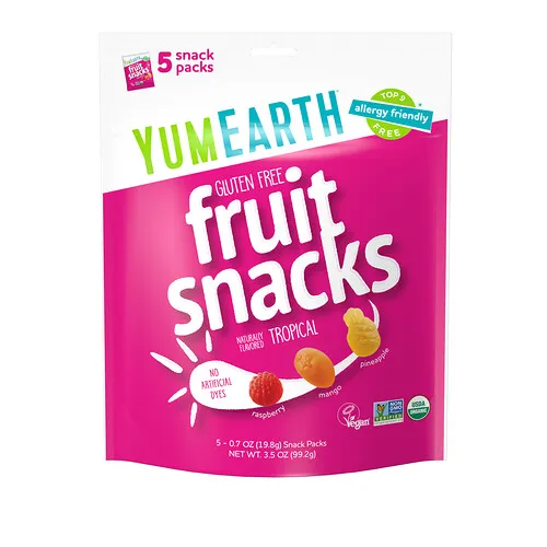 YumEarth, Bocadillos de frutas sin gluten, Tropical, 5 paquetes, 19,8 g (0,7 oz) cada uno