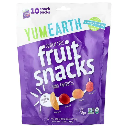 YumEarth, Bocadillos de frutas sin gluten, Favoritos, 10 paquetes, 19,8 g (0,7 oz) cada uno