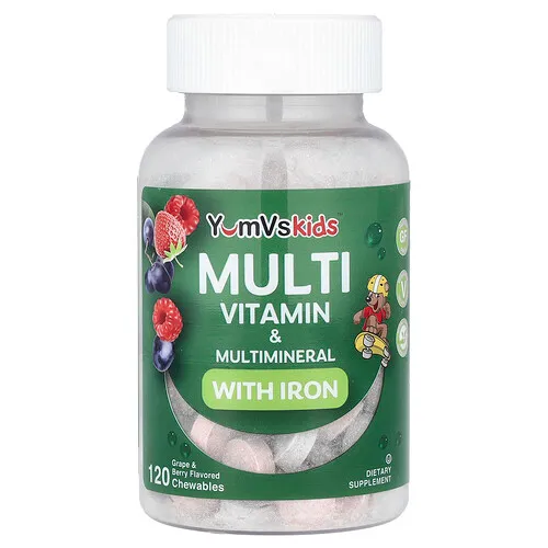 YumVs, Suplemento multivitamínico y multimineral con hierro para niños Kids™, Uva y bayas, 120 comprimidos masticables