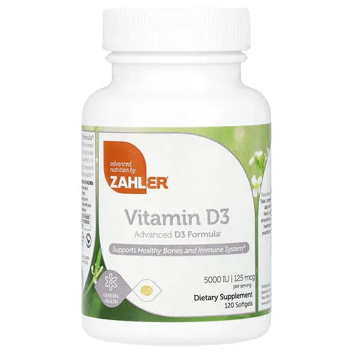 Zahler, Vitamina D3, Fórmula avanzada de vitamina D3, 125 mcg (5000 UI), 120 cápsulas blandas