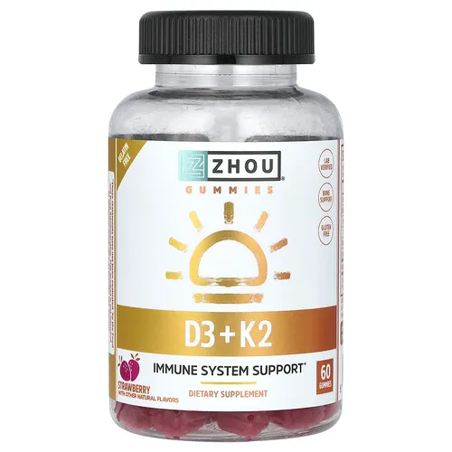 Zhou Nutrition, Gomitas con vitamina D3 y vitamina K2, Fresa, 60 gomitas