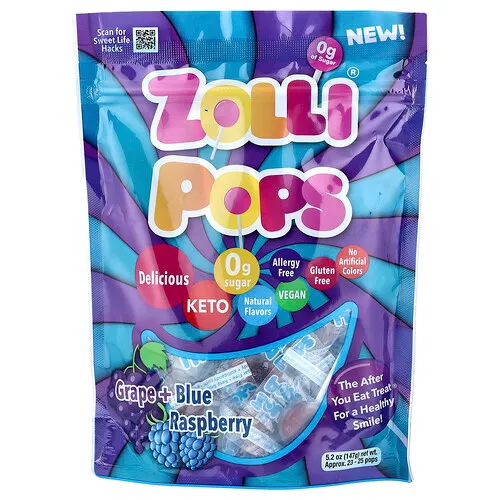 Zollipops, Paletas The Clean Teeth, Uva y frambuesa azul, Aprox. 23 a 25 paletas, 147 g (5,2 oz)