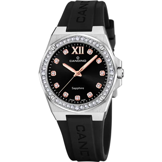 Reloj Candino Swiss Lady Casual C4772/3 Negro Correa De Caucho, Mujer