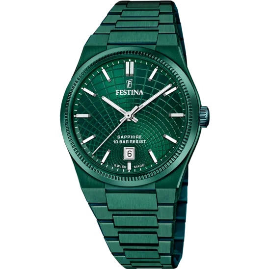 Reloj Festina Swiss Made Nueva I-size F20079/a Verde Brazalete De Acero, Hombre