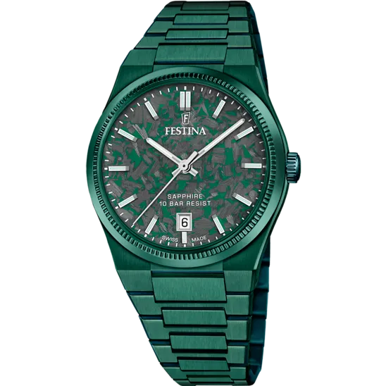 Reloj Festina Swiss Made Nueva I-size F20079/b Verde Brazalete De Acero, Hombre