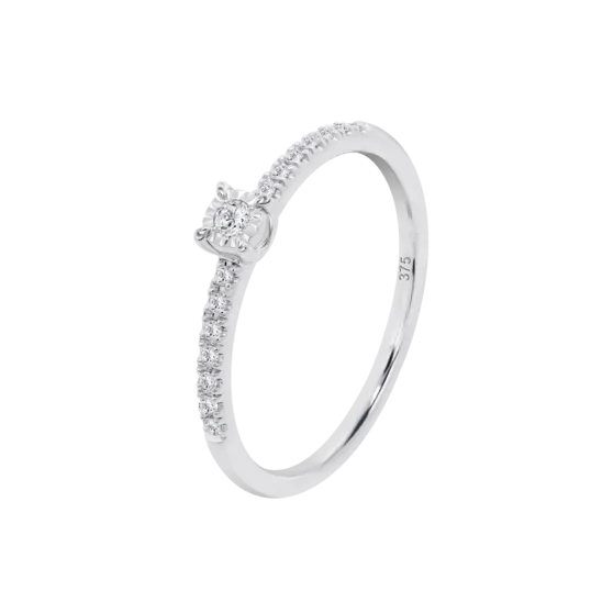 Anillo Solitario Con Banda Pavé De Diamantes En Oro Blanco De 9 Quilates