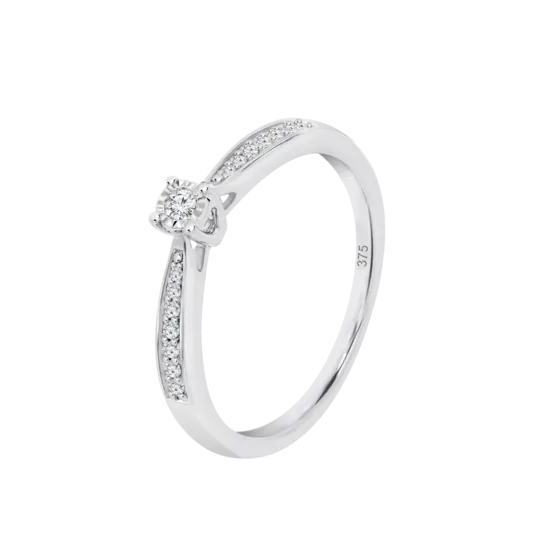 Anillo Solitario Con Banda De Diamantes En Oro Blanco De 9 Quilates