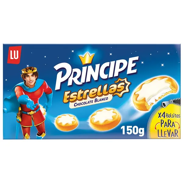 Galletas rellenas de crema LU PRINCIPE estrellas chocolate blanco paquete 150 g