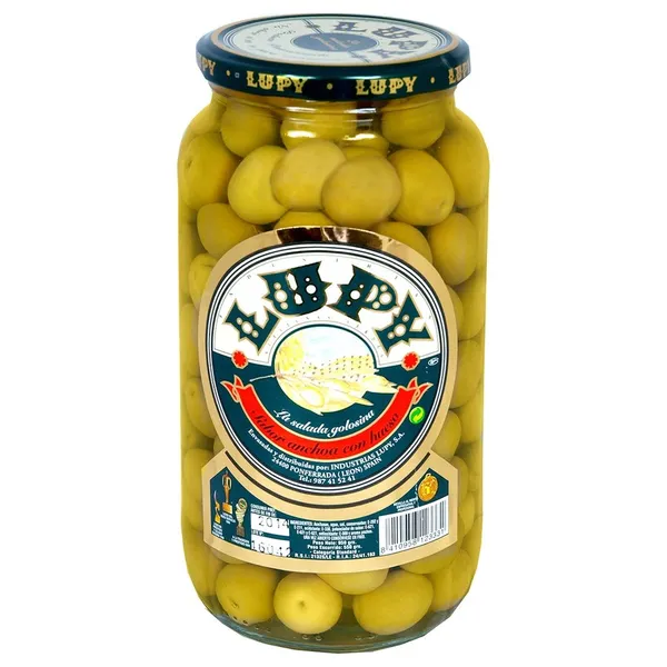 Aceituna verde manzanilla con hueso LUPY sabor anchoa frasco 550 g pne.