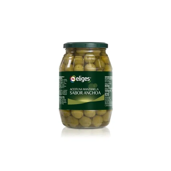 Aceituna verde manzanilla con hueso IFA ELIGES sabor anchoa frasco 500 g pne.