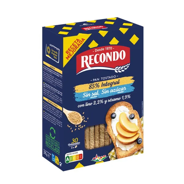 Pan RECONDO integral sin sal, sin azúcar añadido 30 rebanadas 270 g