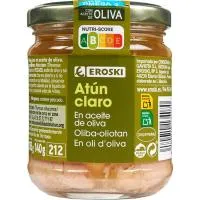 Atún claro en aceite de oliva EROSKI, frasco 185 g
