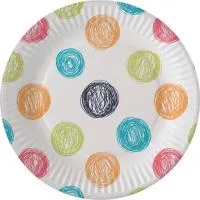 Plato compostable libre de plástico decorado garabatos de colorines Ø23 cm, 8 uds