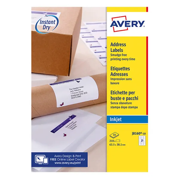 Avery J8160-10 Etiquetas de dirección A4 63,5 x 38,1 mm — 21 por hoja | Pack 10 hojas