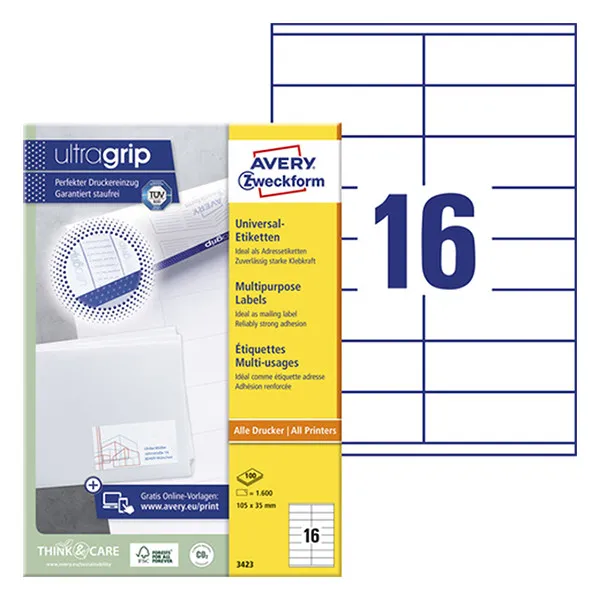 Avery Zweckform 3423 Etiquetas A4 105 x 35 mm — 16 por hoja | Pack 100 hojas