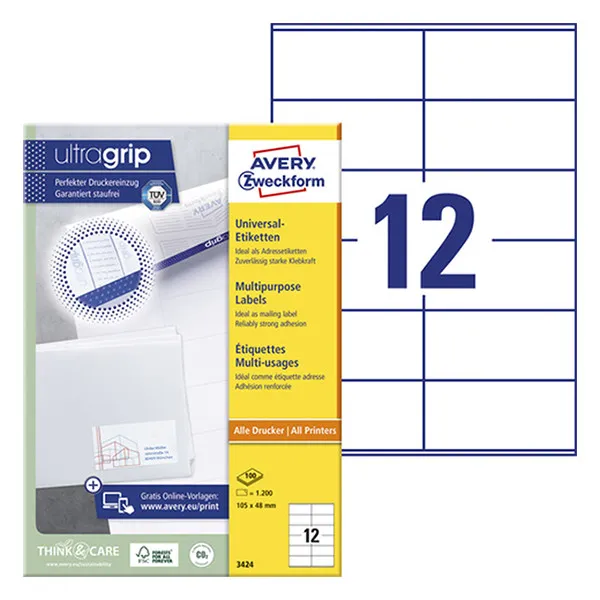 Avery Zweckform 3424 Etiquetas A4 105 x 48 mm — 12 por hoja | Pack 100 hojas