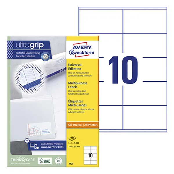 Avery Zweckform 3425 Etiquetas A4 105 x 57 mm — 10 por hoja | Pack 100 hojas