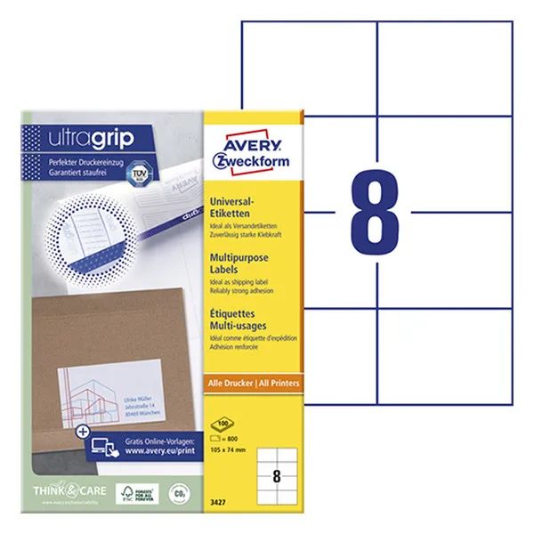 Avery Zweckform 3427 Etiquetas A4 105 x 74 mm — 8 por hoja | Pack 100 hojas