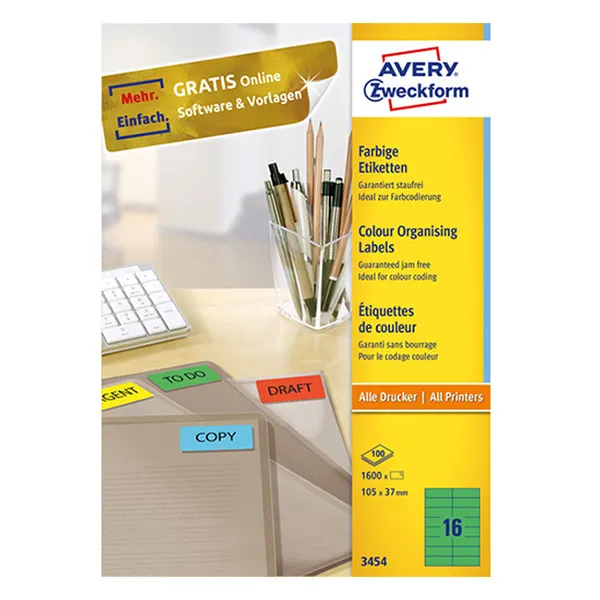 Avery Zweckform 3454 Etiquetas A4 105 x 37 mm — 16 por hoja | Pack 100 hojas