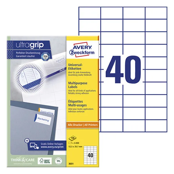Avery Zweckform 3651 Etiquetas A4 52,5 x 29,7 mm — 40 por hoja | Pack 100 hojas