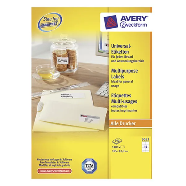 Avery Zweckform 3653 Etiquetas A4 105 x 42,4 mm — 14 por hoja | Pack 100 hojas